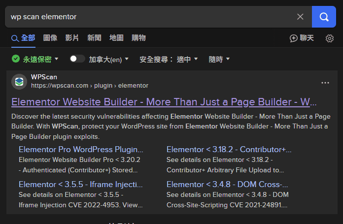 WPScan Elementor 搜尋結果